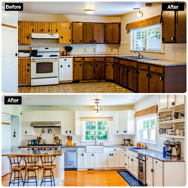 lets do interior of home remodel side by side before and after of a kitchen lets show an outdated kitchen with old white applicances ugly cabinets , o
