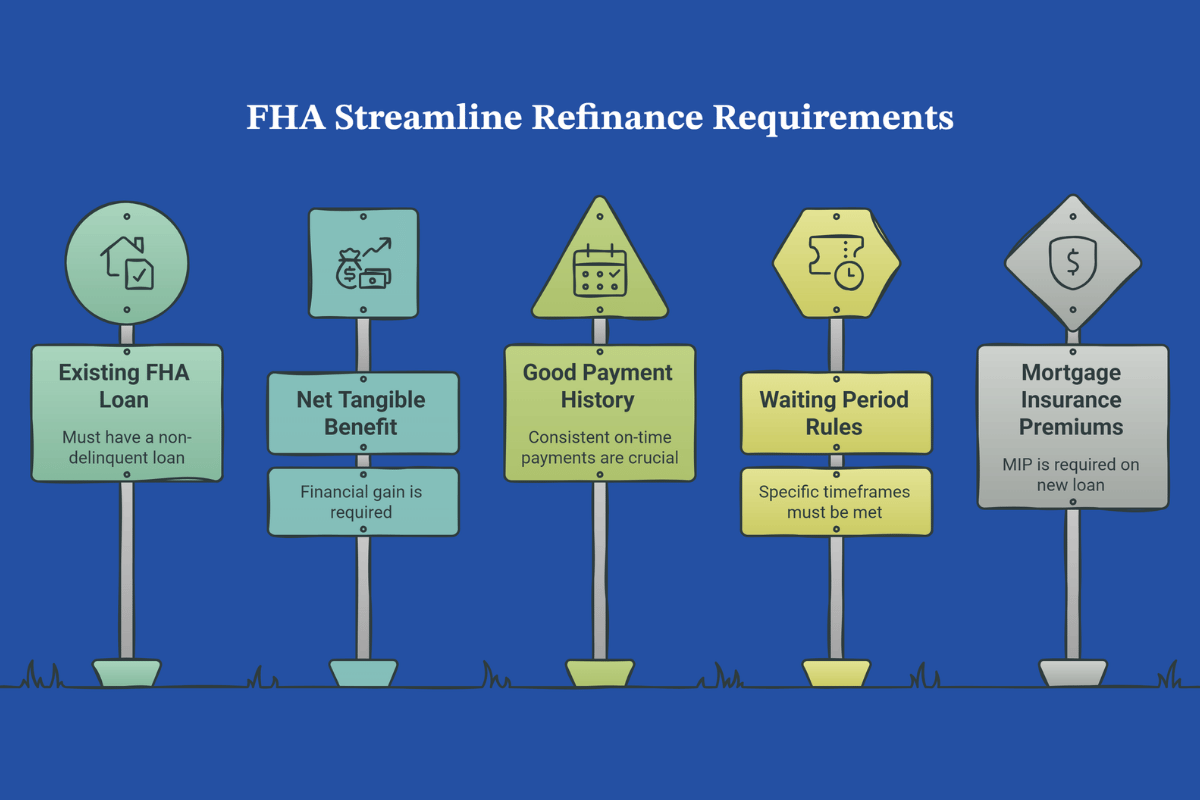 Infographic showing FHA streamline refinance requirements in Texas