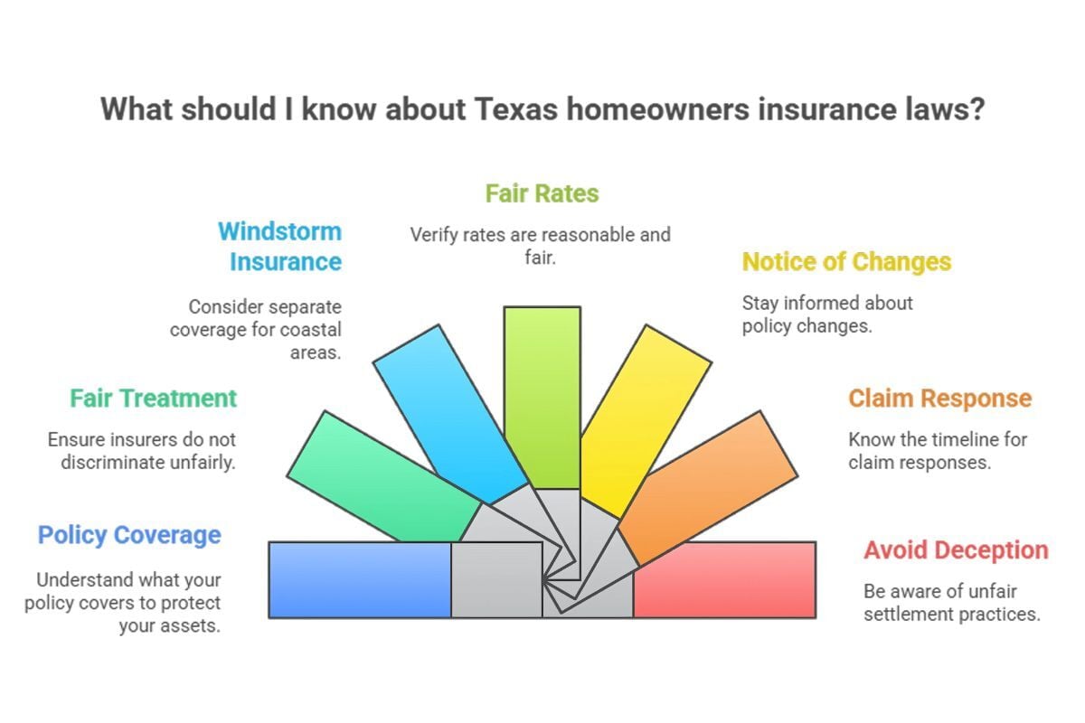Infographic showing seven Texas homeowners insurance laws, including policy coverage, fair treatment, windstorm insurance, fair rates, notice of changes, claim response timelines, and avoiding deceptive practices.
