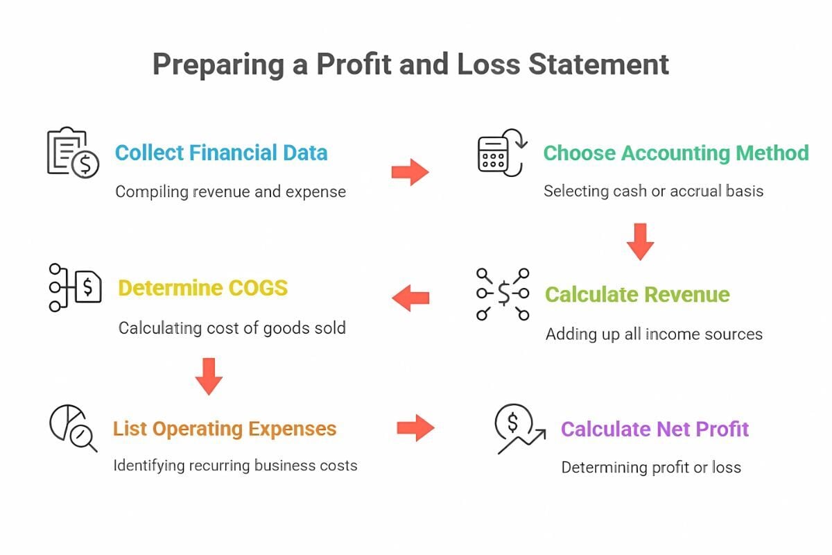 Illustrated graphic guide outlining the key steps to prepare a profit and loss statement