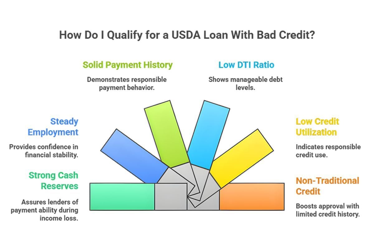 Infographic showing key factors to qualify for a USDA loan in Texas with bad credit, including steady employment, strong cash reserves, solid payment history, low DTI ratio, low credit utilization, and non-traditional credit.