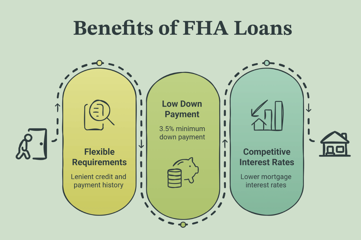 Infographic showing the benefits of FHA loans, including flexible requirements, low down payment, and competitive interest rates.