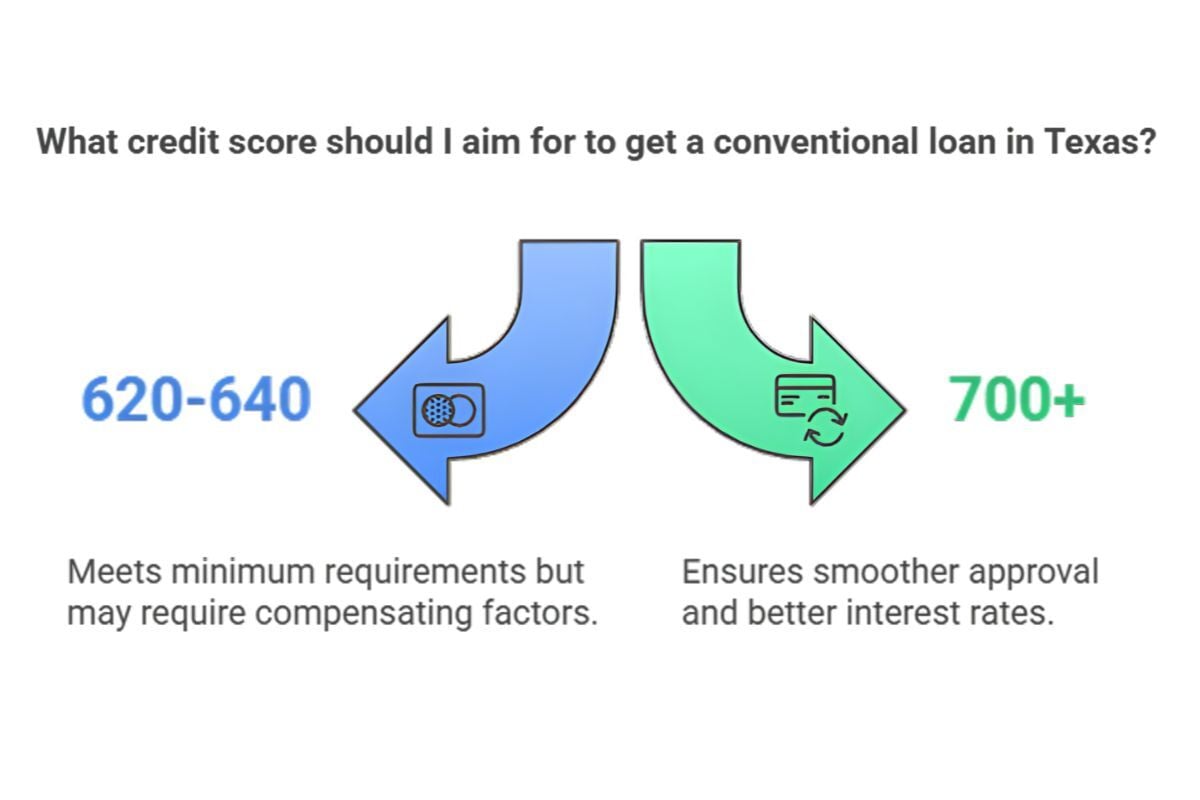 Graphic showing recommended credit scores for a conventional loan in Texas: 620–640 for minimum requirements and 700+ for smoother approval and better rates.