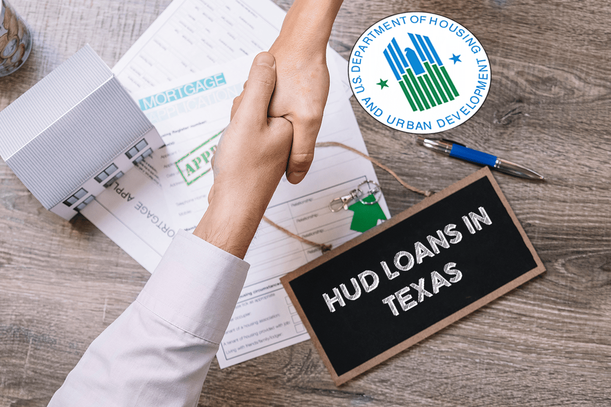 A model house, calculator, keys, and a mortgage application form stamped “Approved,” with a small chalkboard sign reading “HUD Loans in Texas.” The image represents FHA and HUD-backed mortgage programs for Texas homebuyers.