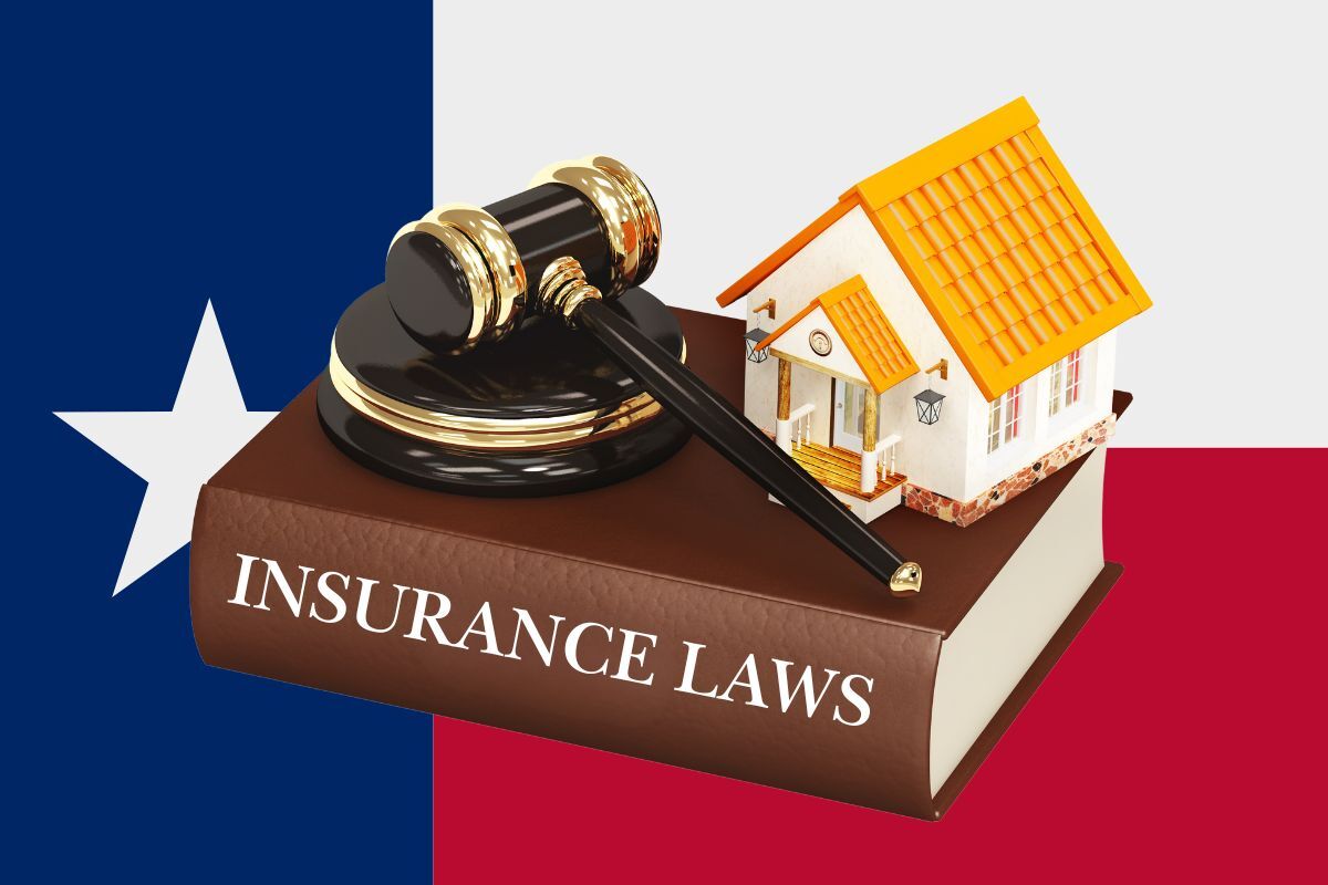 Gavel and small house on a book labeled Insurance Laws in front of the Texas flag, illustrating Texas homeowners insurance laws.