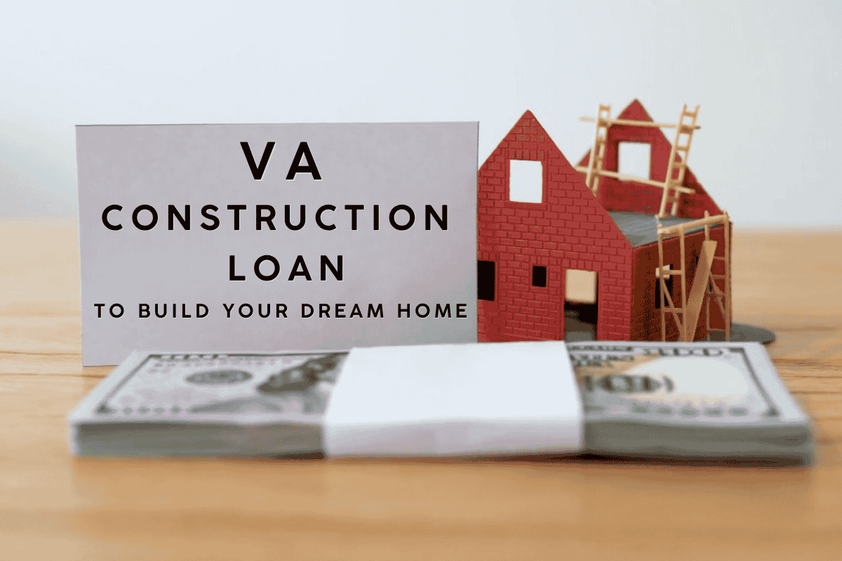 VA construction loan sign with model house and cash for an article about whether you can use VA loan for land in Texas