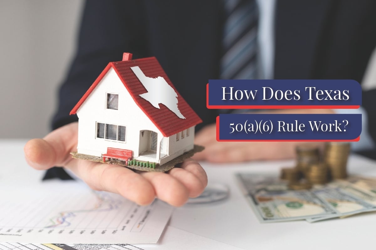 A Texas-shaped house model and cash on a desk, showing how Texas 50(a)(6) rule works for home equity loans