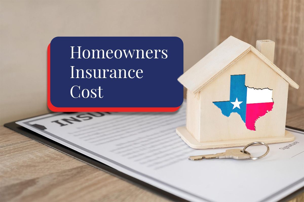 Model house with Texas flag design sitting on an insurance document with keys, representing homeowners insurance costs in Texas.