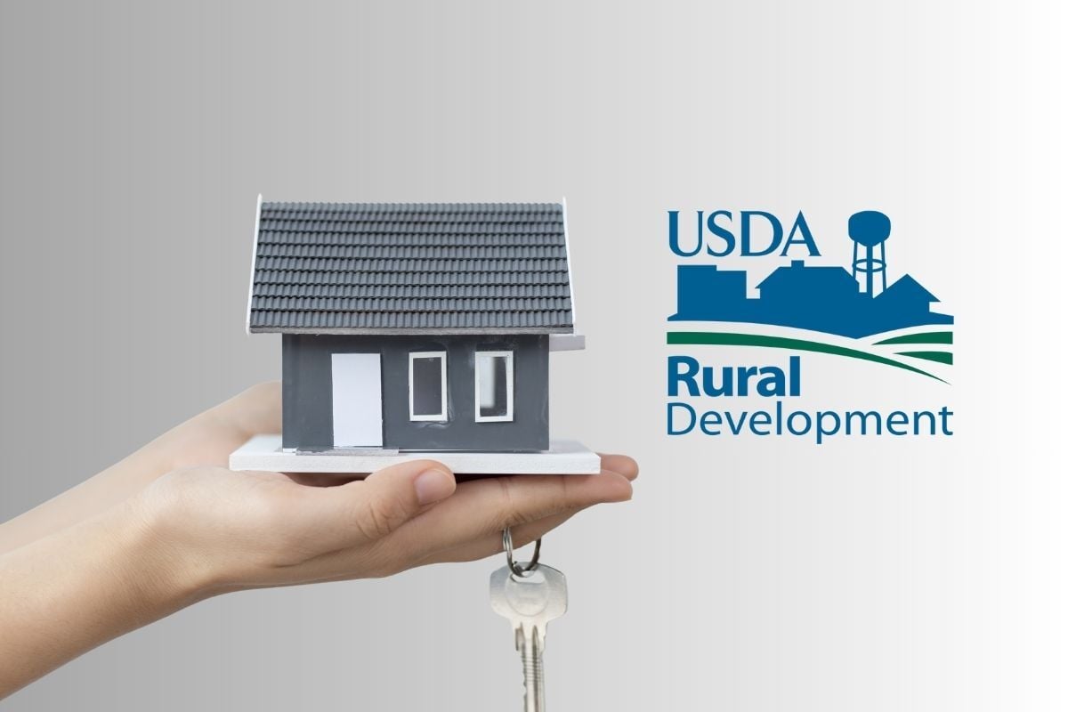 Hands holding a model house with keys beside the USDA Rural Development logo, representing how to qualify for a USDA loan in Texas with bad credit.