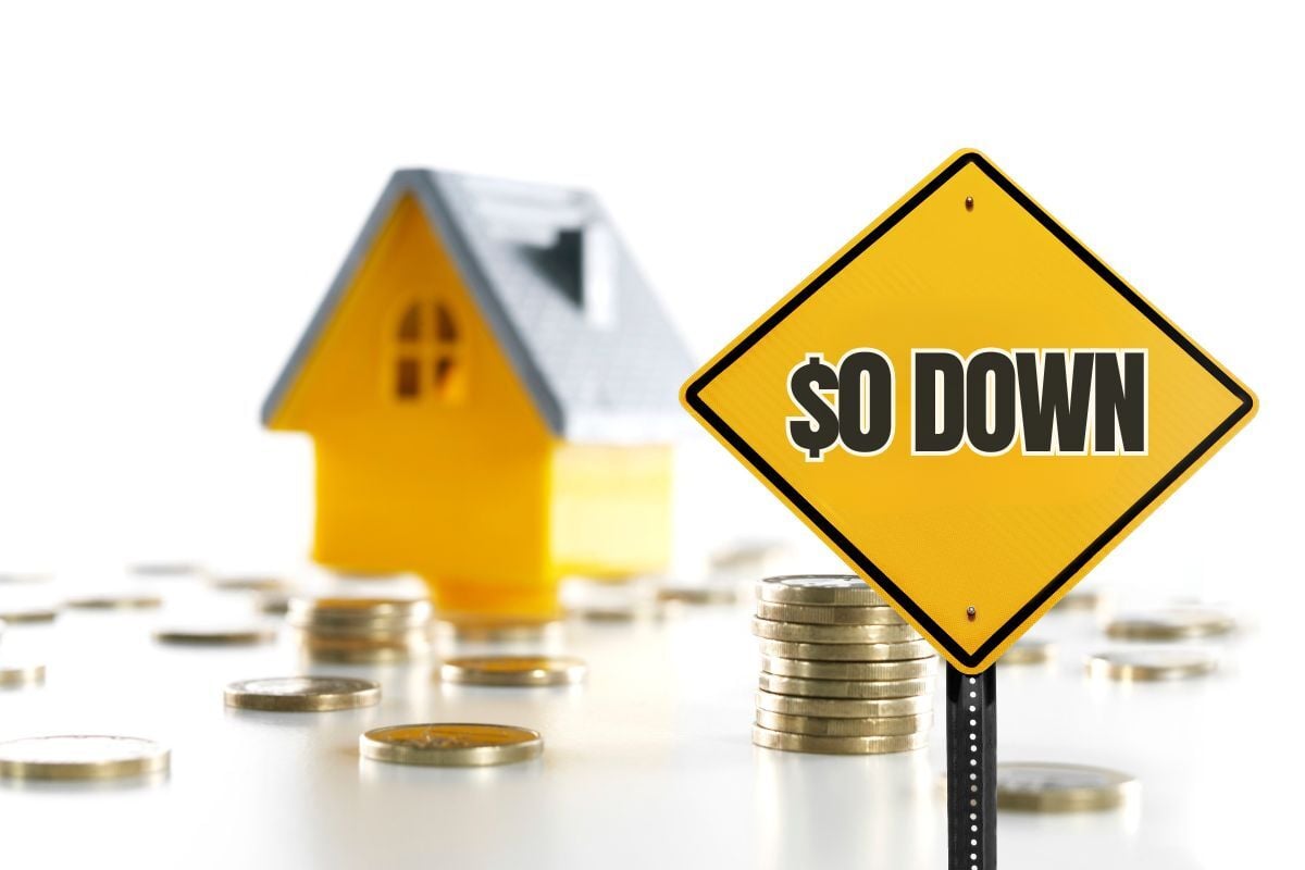 Yellow ‘$0 DOWN’ sign beside coin stacks and a small house model, illustrating zero-down home loans in Texas.
